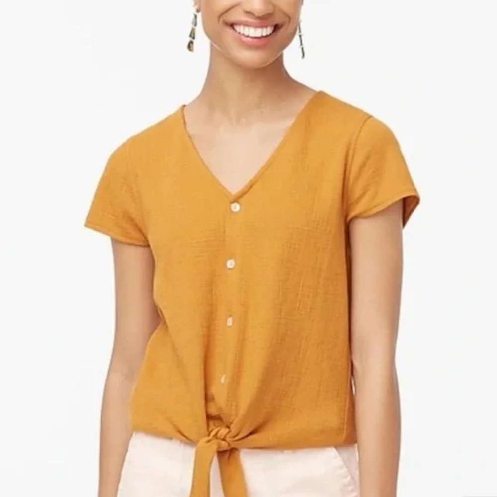 J. Crew Mustard Yellow Button Up Tie Front Cotton Blend Shirt Size XS